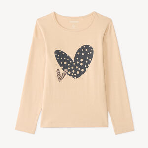 Camiseta de manga larga para niña con estampado fantasía y purpurina. 