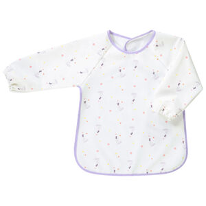 Bavoir tablier a manches longues a scratch se traduit par "Babero tipo delantal de manga larga con cierre de velcro". 