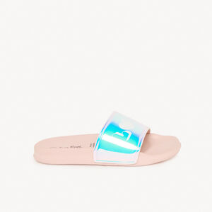 Mules con correa iridiscente y estampado Love niña 