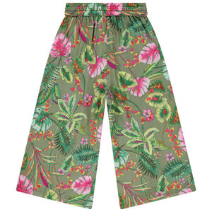 Pantalón pirata fluido y evasé estampado tropical niña. 
