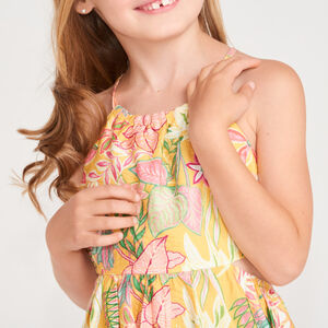 Vestido largo con tirantes de estampado tropical para niña. 