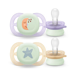 Lot de 2 sucettes silicone 0-2M Ultra Start nuit décorées 