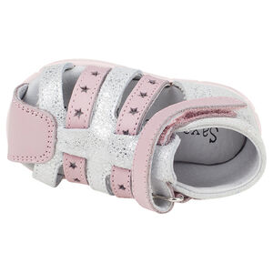 Zapatos descubiertos con velcro de cuero con estrellas de color plateado y rosa  Main Zapatos descubiertos con velcro de cuero con estrellas de color plateado y rosa