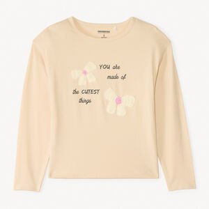 Camiseta de manga larga con estampado y motivo de crochet divertido para niña. 