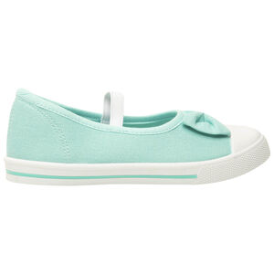 Merceditas turquesa de tela con lazo y tira elástica para niña 