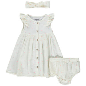 Conjunto vestido + bloomer + diadema estampados para bebé niña 