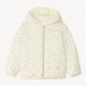 Chaqueta ligera acolchada con capucha y estampado floral para niña. 