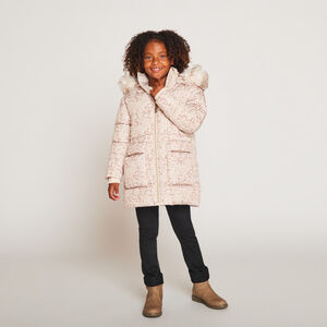 Doudoune longue en toile imprimée et doublure sherpa pour fille   Main Doudoune longue en toile imprimée et doublure sherpa pour fille