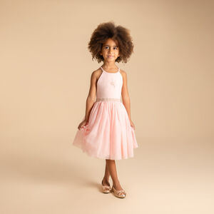 Vestido de ceremonia bicolor con tirantes y flor para niña 