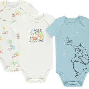 Lote de 3 Bodies de manga corta de Winnie el Pooh de Disney para bebé niño con aberturas diferentes según la edad. 