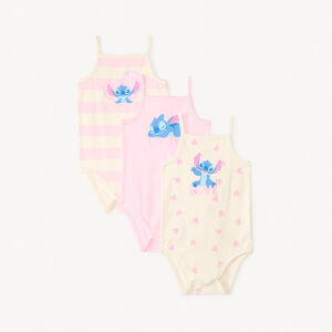 Pack de 3 bodies de tirantes con estampado de Stitch de Disney para niña bebé. 