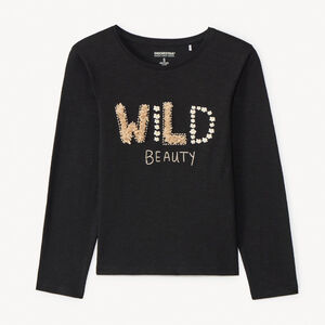 T-shirt manches longues uni noir fantaisie pour fille   Main T-shirt manches longues uni noir fantaisie pour fille