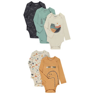 Pack de 5 bodies de manga larga con estampado de dinosaurios para bebé niño con diferentes aperturas según la edad. 