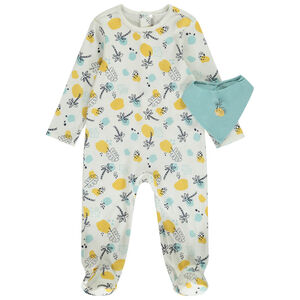 Pelele efecto acanalado con estampado fantasía + babero para bebé niño con diferentes aperturas según la edad 