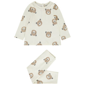 Conjunto de pijama en tejido de nido de abeja impreso con ositos para bebé con acabados diferentes según la edad. 