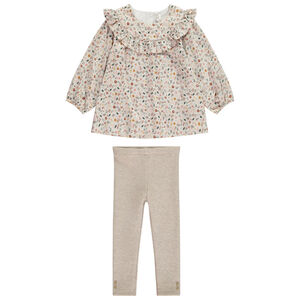 Conjunto blusa estampada + pantalón liso beige para bebé niña 