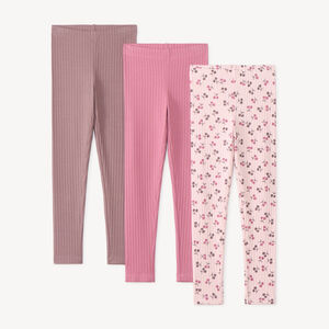 Lote de 3 leggings de niña de canalé, lisos y estampados. 