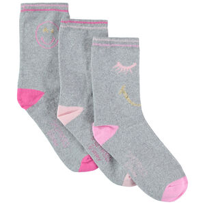 Juego de 3 pares de calcetines lisos con motivos de Smiley de jacquard 