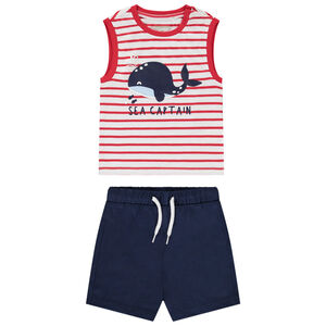 Conjunto camiseta sin mangas de rayas + short liso para bebé niño 