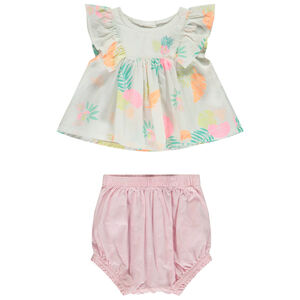 Conjunto 2 piezas túnica estampada + bloomer rayado para bebé niña 