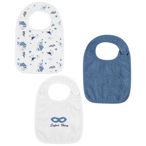 Pack de 3 baberos de algodón con estampados de superhéroes. 