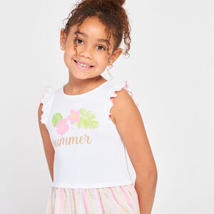 Vestido de doble material efecto 2 en 1 estampado y a rayas niña 