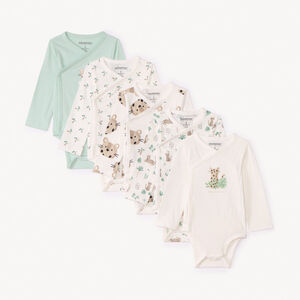Pack de 5 bodies de manga larga leopardo para bebé niño con cierres diferentes según la edad. 