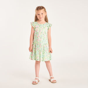 Ropa de niña con mangas cortas, estampada de flores y abertura en la espalda. 