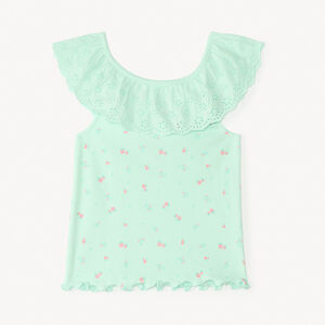 Camiseta sin mangas con volante de bordado inglés y estampado de fresa para bebé niña. 