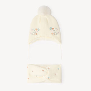 Gorro y snood para bebé niña bordados con flores, forrados en sherpa. 