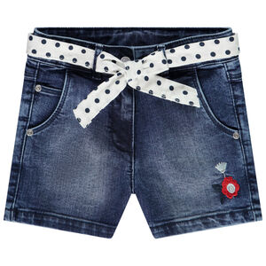 Short denim avec ceinture foulard imprimé pois et fleur brodée pour fille 