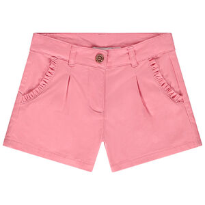 Short de sarga con bolsillos con volantes para niña 