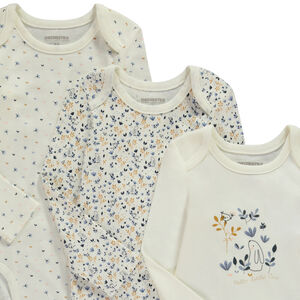 Pack de 3 bodies de manga larga con estampado fantasía para bebé niña con diferentes aperturas según la edad. 