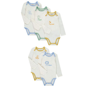Pack de 5 bodies de manga larga con estampados para bebé niño con diferentes aberturas según la edad. 