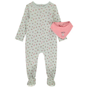 Conjunto pelele estampado + babero bandana para bebé niña con diferentes aperturas según la edad 