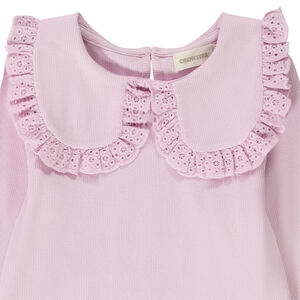 Camiseta de manga larga de punto acanalado con cuello Peter Pan bordado para niña 