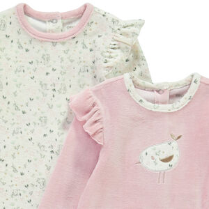 Pack de 2 peleles de terciopelo con diseño de pájaros para bebé niña con diferentes aperturas según la edad.  Main Pack de 2 peleles de terciopelo con diseño de pájaros para bebé niña con diferentes aperturas según la edad.