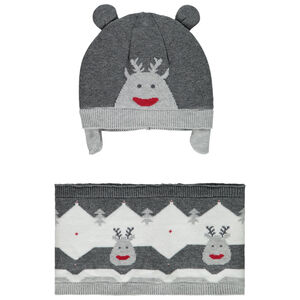 Conjunto de gorro + cuello en tejido de punto con patrón de renos en jacquard para bebé niño Main Conjunto de gorro + cuello en tejido de punto con patrón de renos en jacquard para bebé niño