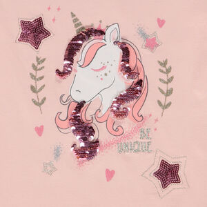 Camiseta manga corta con volantes en jersey estampado unicornio para niña 