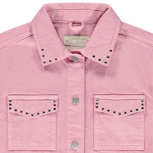 Chaqueta de mezclilla lisa con cuello camisero y tachuelas decorativas para niña  Main Chaqueta de mezclilla lisa con cuello camisero y tachuelas decorativas para niña