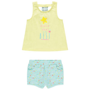 Conjunto algodón orgánico camiseta sin mangas texto y short estampado all-over 