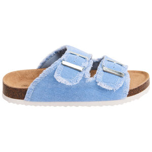 Chanclas azules con doble hebilla y flecos para niña 