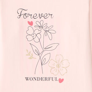 Camiseta de manga larga para niña con estampado fantasía y purpurina. 