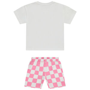 Conjunto camiseta manga corta fantasía + short de cuadros niña 