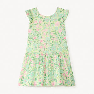 Ropa de niña con mangas cortas, estampada de flores y abertura en la espalda. 