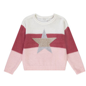 Suéter en tejido de punto efecto color block con estrella de lentejuelas para niña Main Suéter en tejido de punto efecto color block con estrella de lentejuelas para niña
