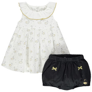 Conjunto con Vestido estampado cisnes y bloomer con nudo dorado 