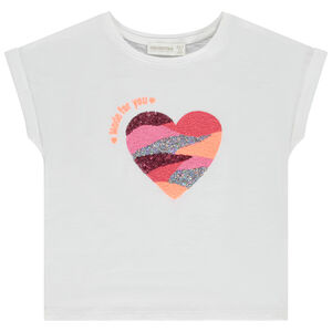 Camiseta de manga corta con motivo de corazón bordado y brillante para niña 