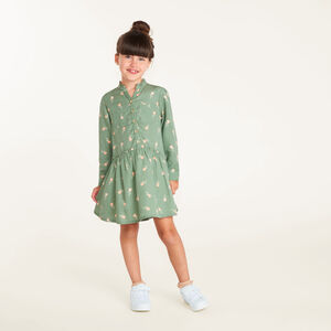 Vestido de niña de cuello mao con mangas largas y estampado de tulipanes. 