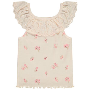 Camiseta de tirantes de punto canalé con bordado inglés + estampado floral para bebé niña  Main Camiseta de tirantes de punto canalé con bordado inglés + estampado floral para bebé niña